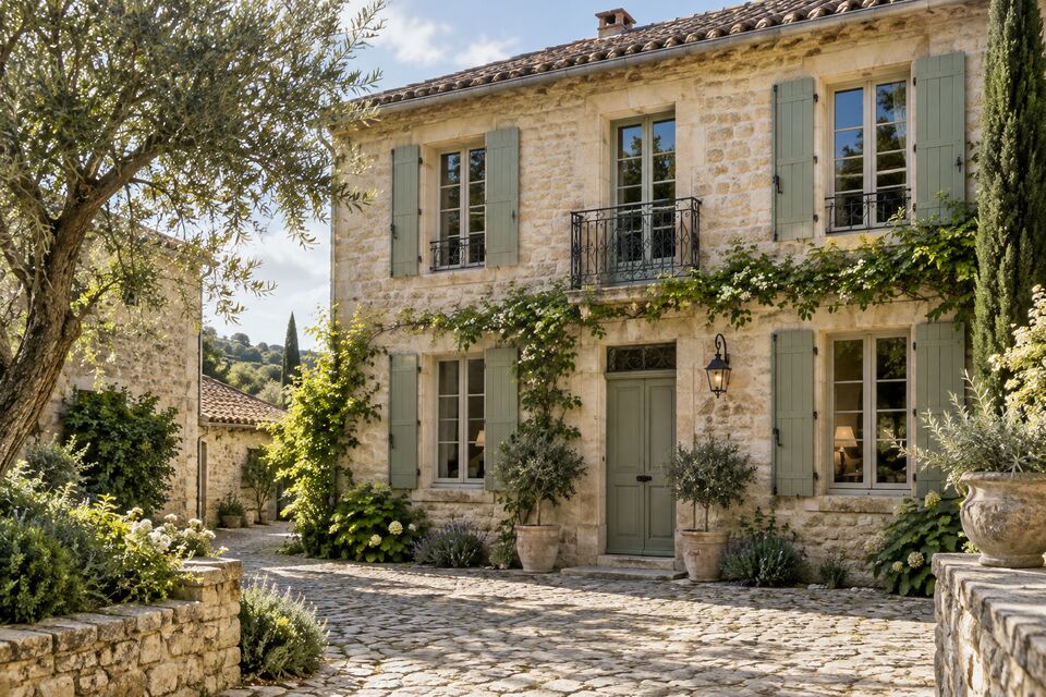 Illustration of a two-storey stone village house with pale green shutters and a cobbled forecourt.