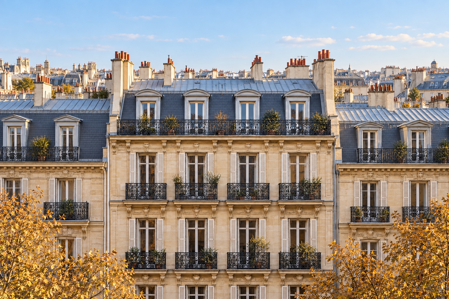 Imagined Parisian skyline and limestone façades