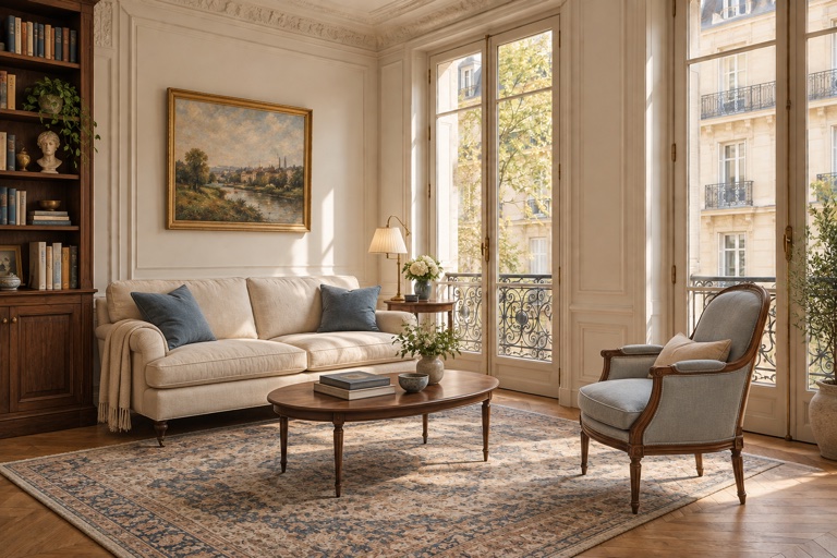 Classic Parisian-style apartment interior with tall windows and a furnished living area.